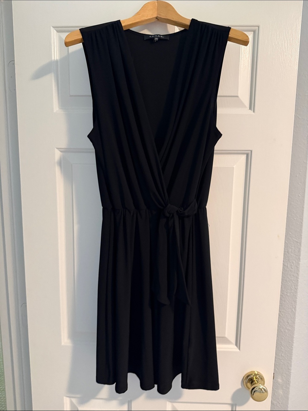 Tahari Black Sleeveless Wrap-Style Midi Dress